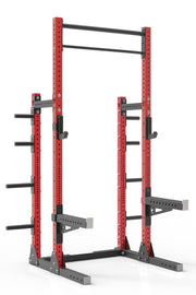 105 red powder coated steel home gym squat rack with dual pull up bar, safety arms, weight plates storage and j-cups from iron bull strength