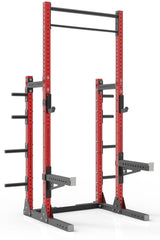 111 red powder coated steel home gym squat rack with dual pull up bar, safety arms, weight plates storage and j-cups from iron bull strength