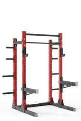81 red powder coated steel home gym squat rack with dual pull up bar, safety arms, weight plates storage and j-cups from iron bull strength