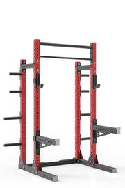 87 red powder coated steel home gym squat rack with dual pull up bar, safety arms, weight plates storage and j-cups from iron bull strength