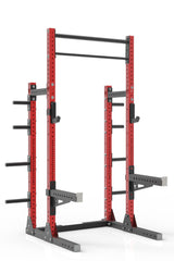 99 red powder coated steel home gym squat rack with dual pull up bar, safety arms, weight plates storage and j-cups from iron bull strength