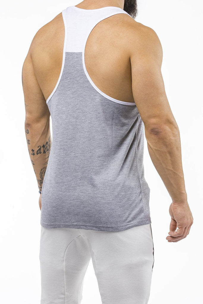 gray-white gym stringer sportswear back side