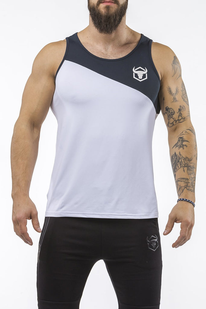 white-navy-blue workout performance fit tank top casual wear