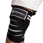 black-white iron bull strength knee support wraps