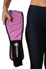 pink model holding 6 inches weight lifting belt
